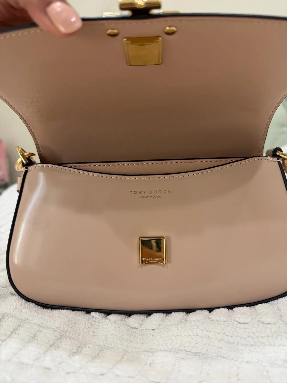 Taupe Shoulder Bag with Gold Hardware - Women Bags